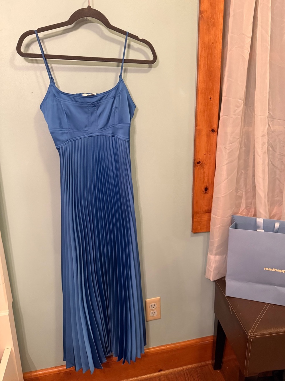 Blue Pleated Satin Dress